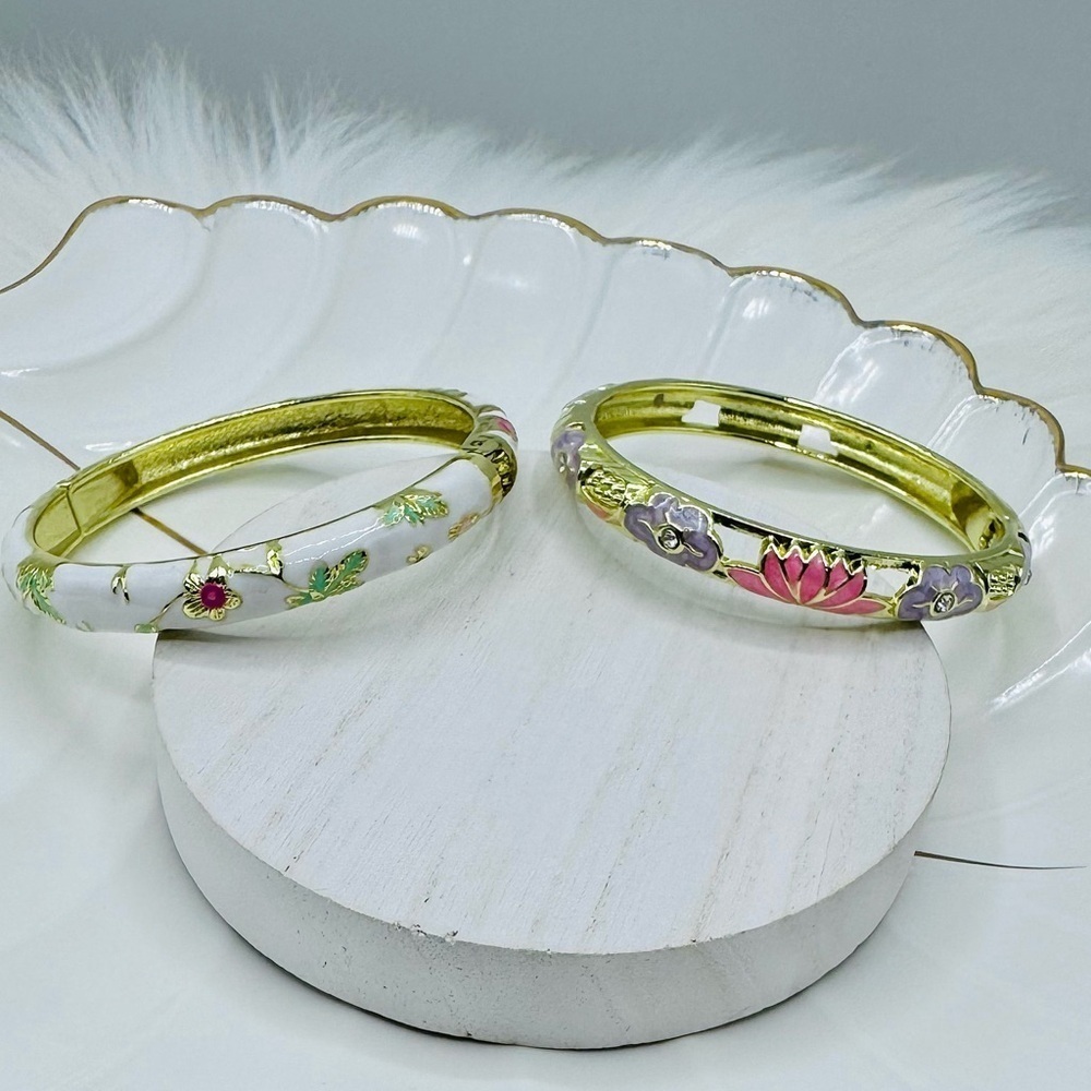 Flower Enamel Cloisonne Bracelet Bangle Bundle - 2 Bangles